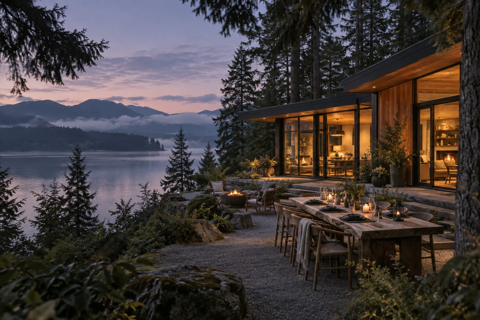 Illustrative lakeside retreat setting with a cedar lodge and outdoor gathering table